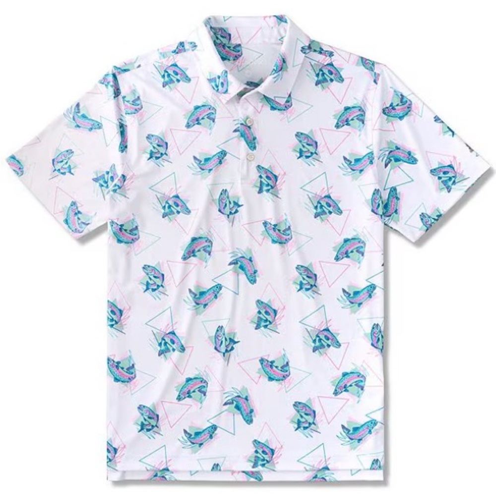 NWT Chubbies the Trout Dipper Performance Polo 2.0 Shirt white blue pink Fish